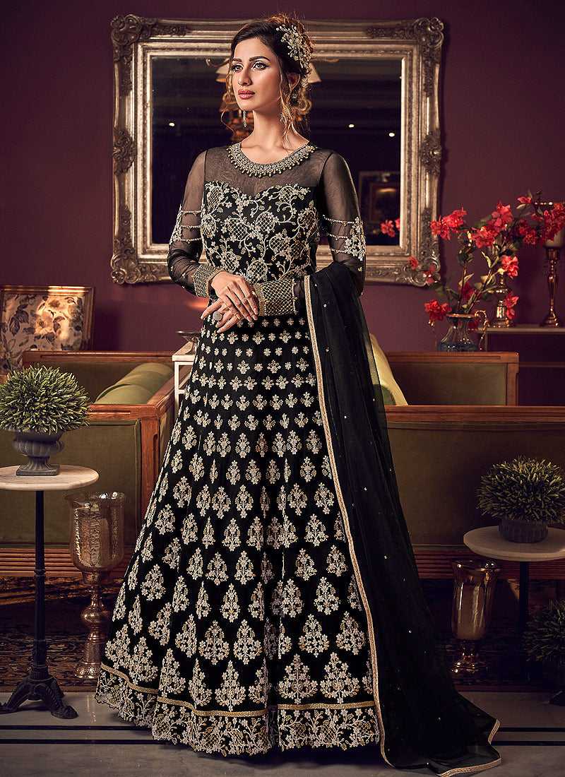 Buy Black Cotton Embroidered Party Wear Anarkali Gown With MutiColor Koti  Online