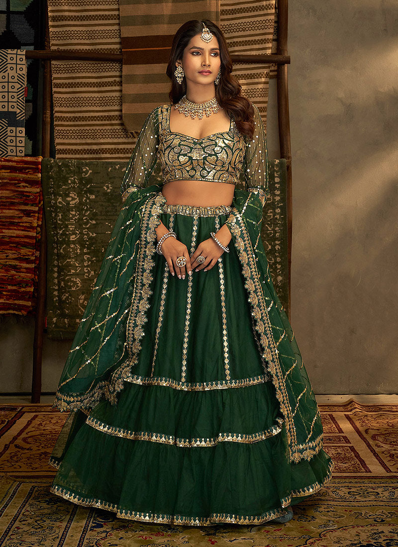Green and Gold Embroidered Lehenga – Falakenoor
