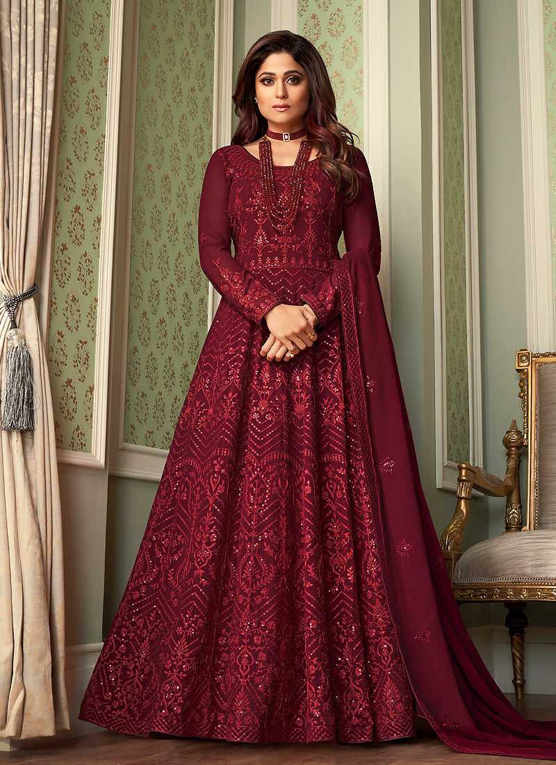 Buy Women Maroon Mukaish And Sequinned Anarkali Suit Set With Churidar And  Dupatta  Anarkalis  Gowns  Indya